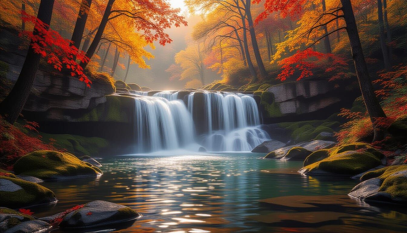 Breathtaking Autumn Waterfall with Glowing Leaves