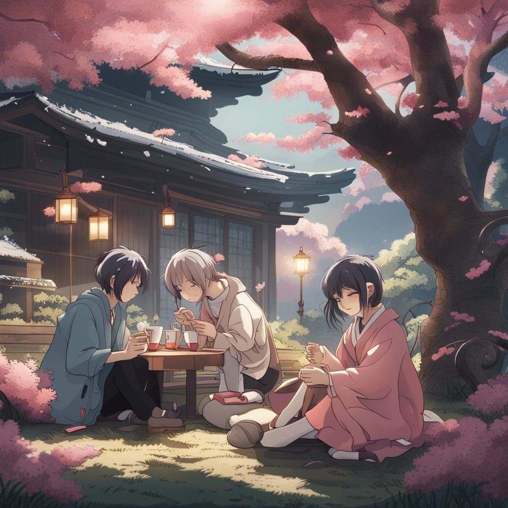 J-Pop Band Resting Under Sakura Tree, Ghibli Style