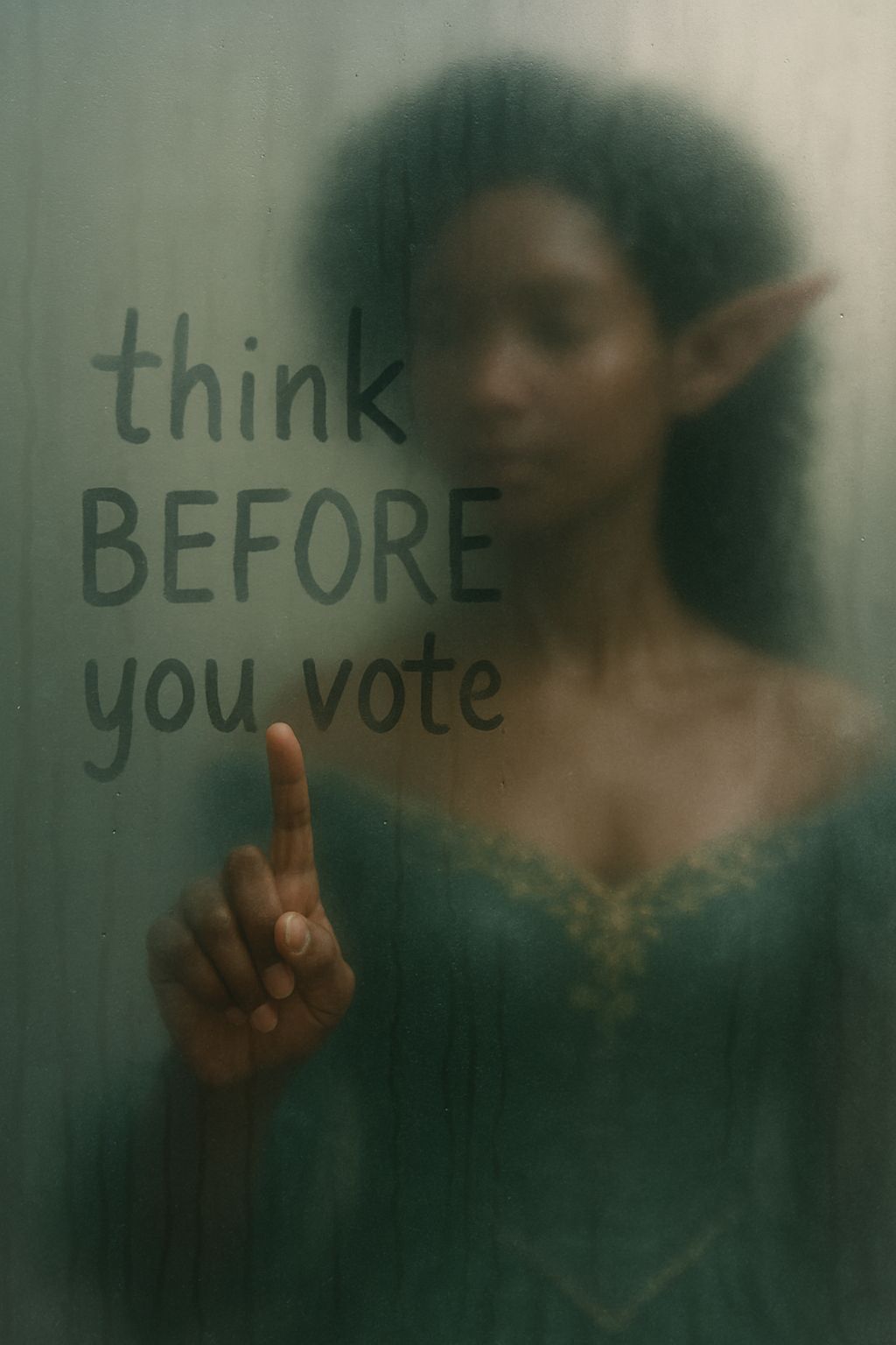 Dreamy Elf Traces Voting Advice on Fogged Glass