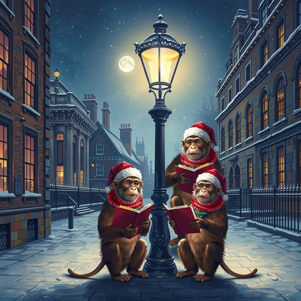 Merry Monkeys Sing Christmas Carols under a Victorian Lamppo...