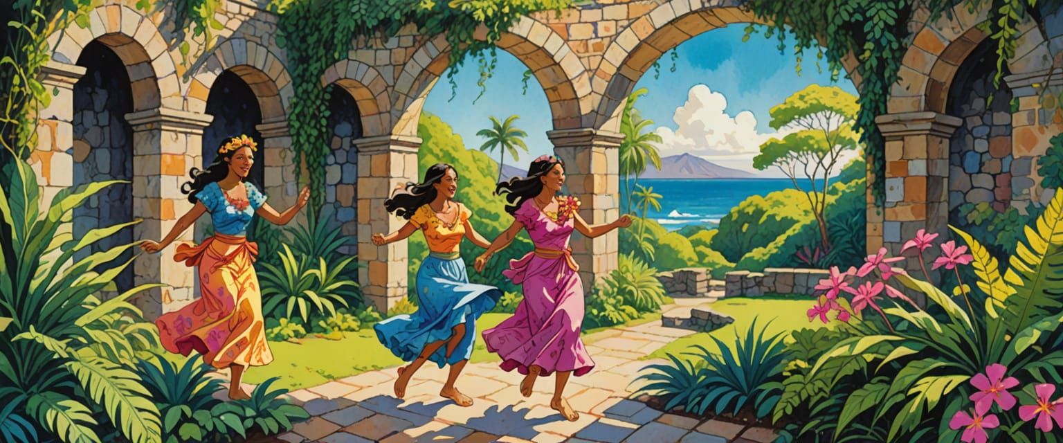 Hawaiian Hula Dancers in Comic Book Watercolor Style
