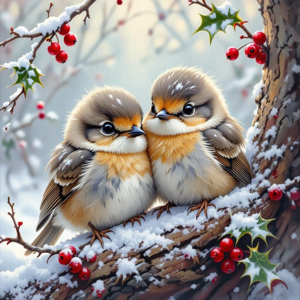 Cute Baby Robins Snuggled in Snowy Winter Landscape