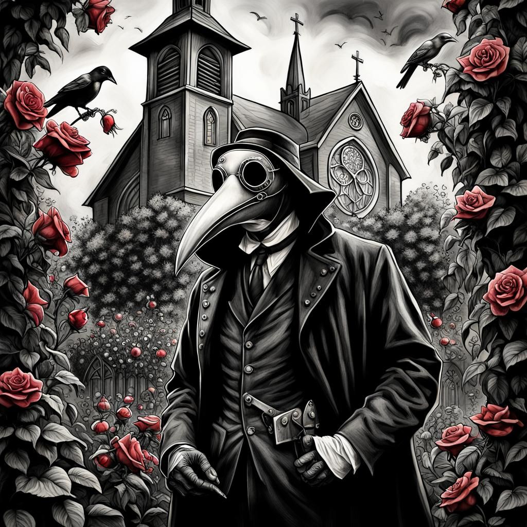 Plague Doctor in Steampunk Rose Garden