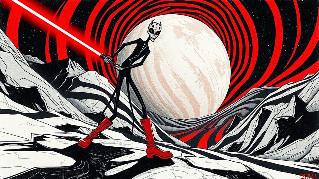Slender Figure with Lightsaber in Op Art Landscape