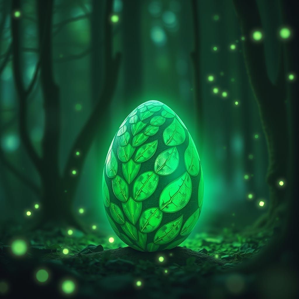 Glowing Jade Dragon Egg in Dreamy, Ethereal Forest