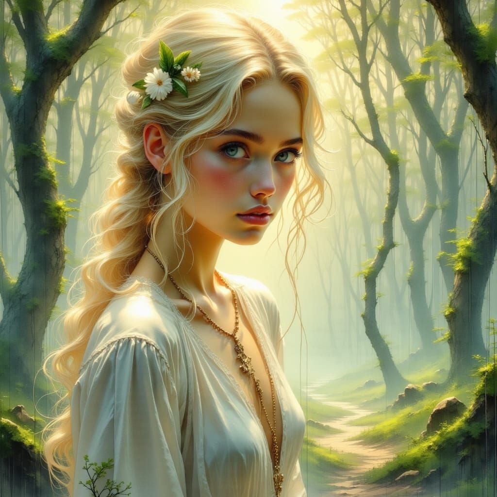 Blonde Woman with Piercing Eyes in Ethereal Lighting