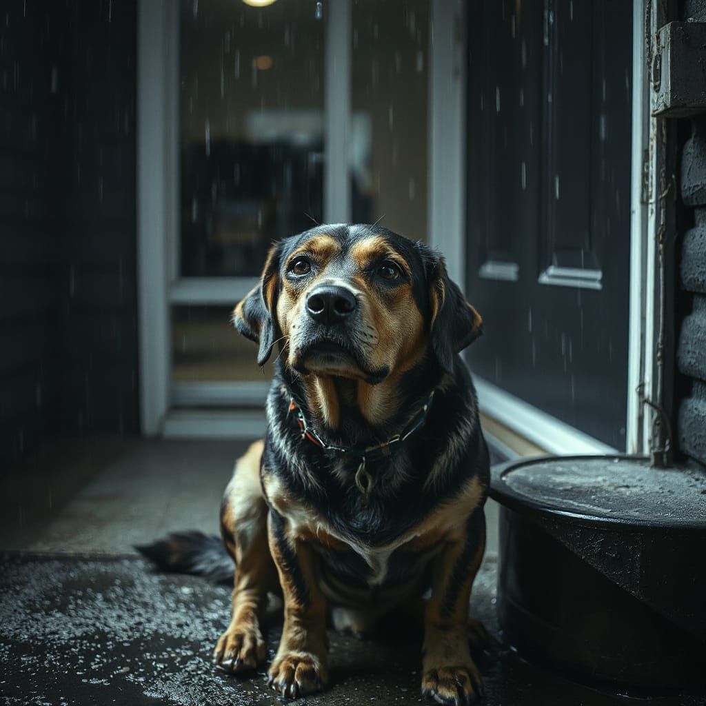 Cinematic Portrait of a Shivering Dog in the Rain