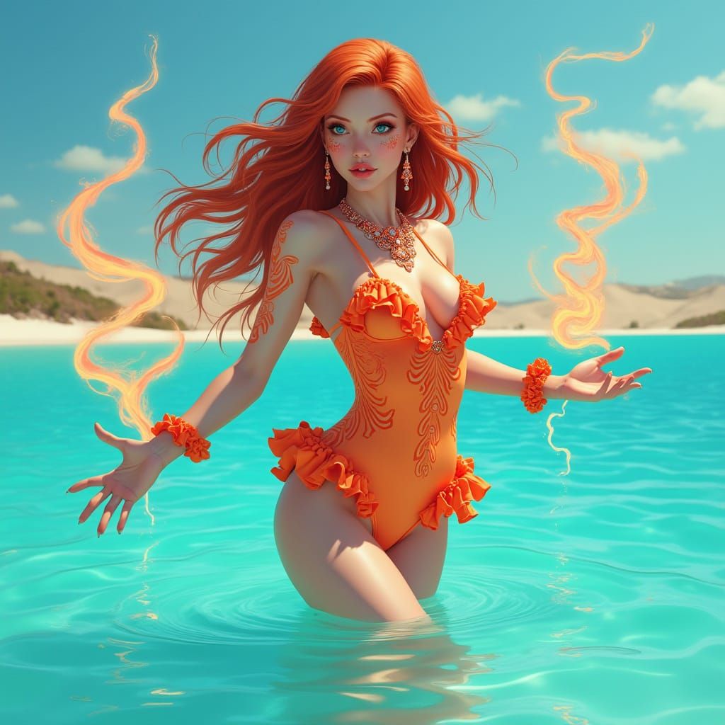 Enchantress at the Lake in Vibrant Cyberpunk Style