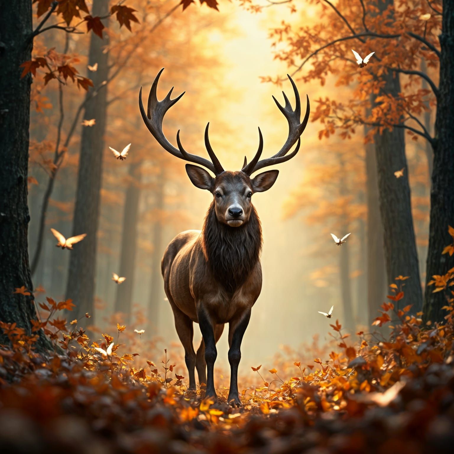 Majestic Stag in Autumn Forest with Fairies
