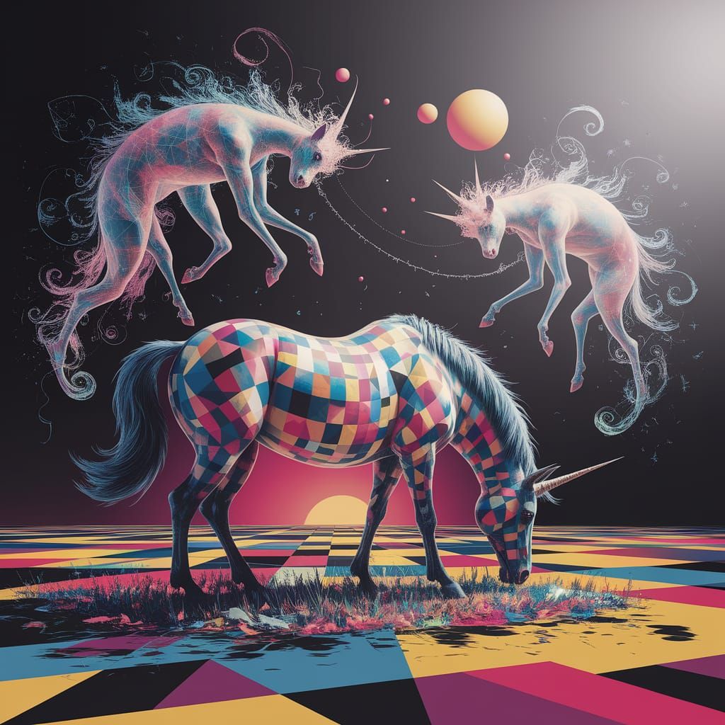 Unicorn Grazing in Abstract Expressionist Geometric Field