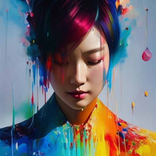 Rainbow River Japanese Calligraphy in Oil Splash Art