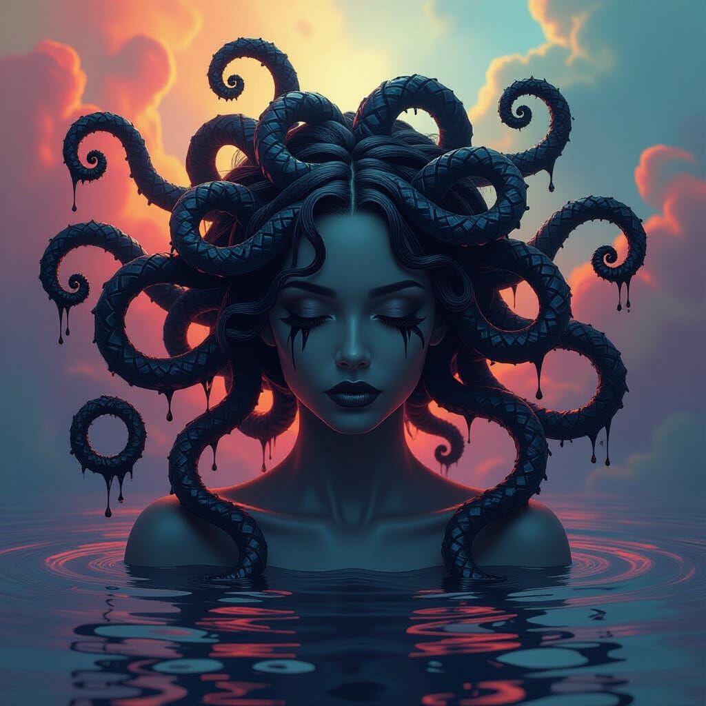 Melting Black Medusa in Psychedelic Digital Art