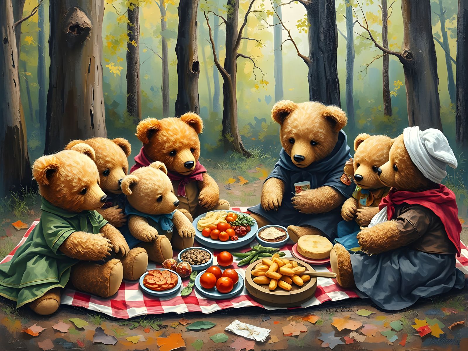 Teddy Bears' Picnic: Neo-Impressionist Expressionist Oil Pai...
