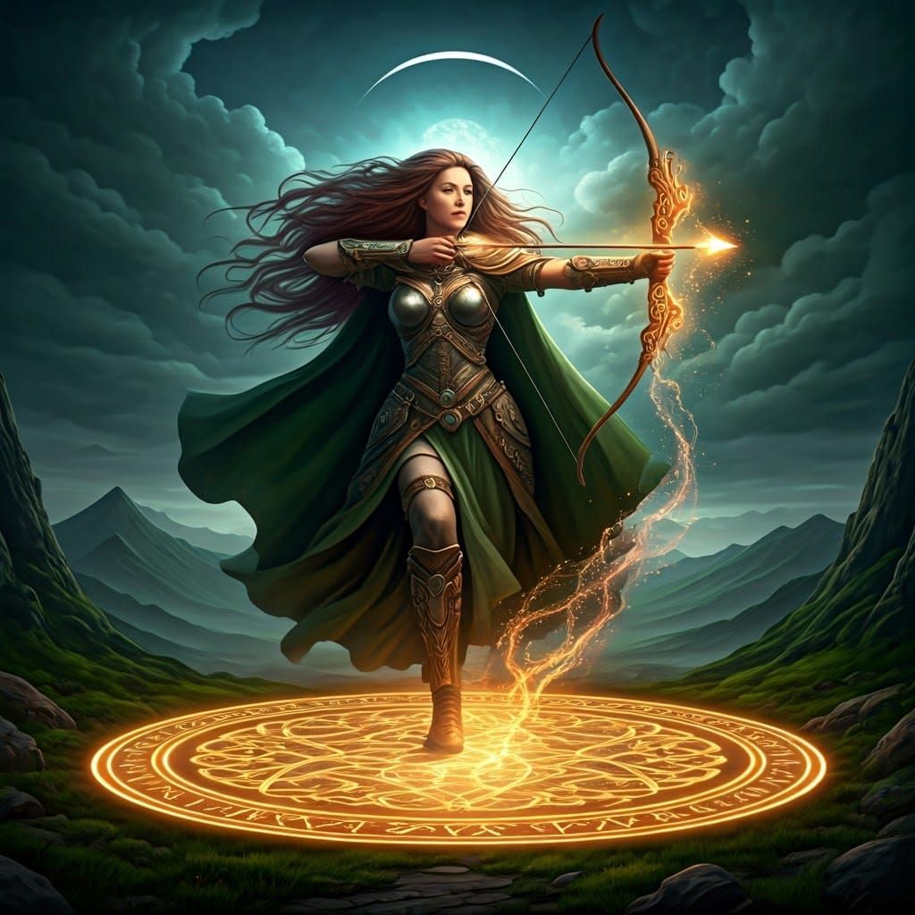 Celtic Archer Channels Magic in Mystical Landscape