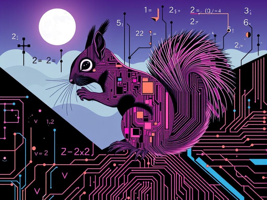 Glitchcore Squirrel with Circuit Diagram in Synthwave Style
