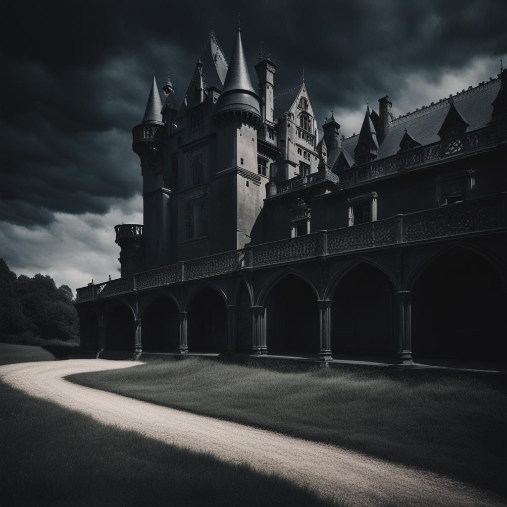Black Gothic French Renaissance Castle in Polaroid Style