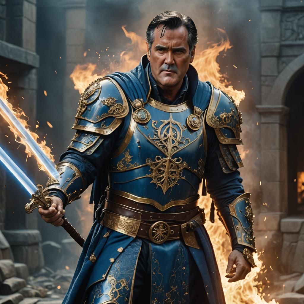 Heroic Knight in Blue Armor Amidst Fire Hail