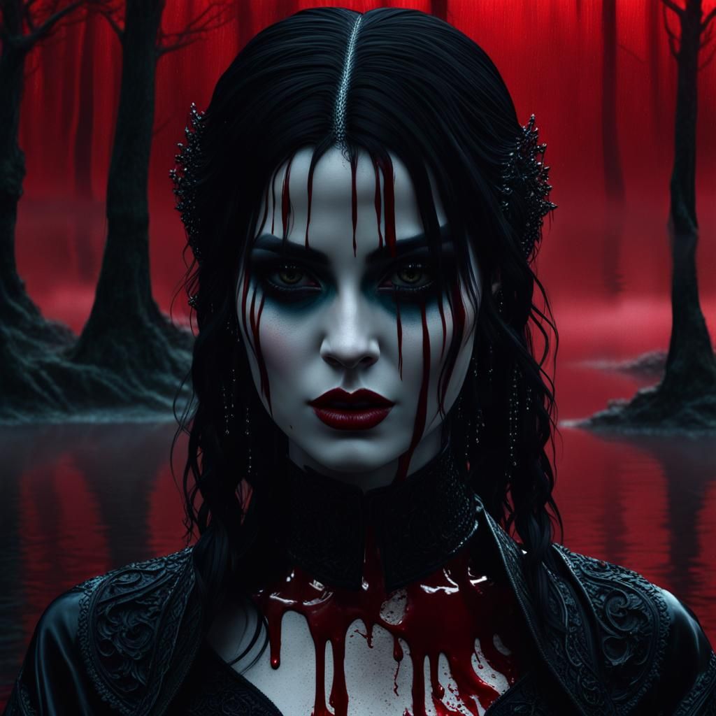 Goth Woman in Blood Lake: Photorealistic Horror Portrait
