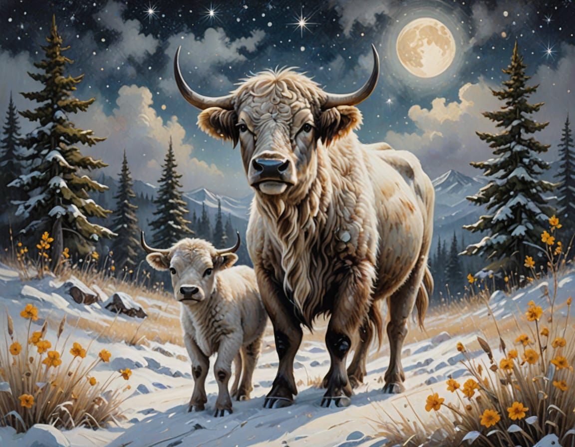 Whimsical White Buffalo Family in Snowy Meadow Oil Painting