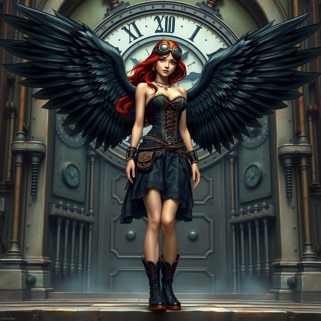 Steampunk Angel Stands Before Clockwork Doorway