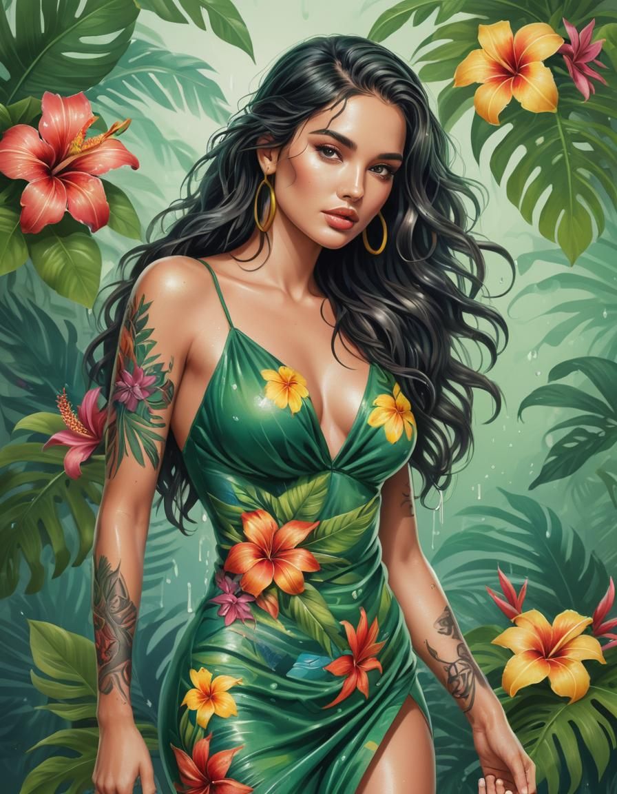 Tropical Woman with Flowers, Airbrush Illustration