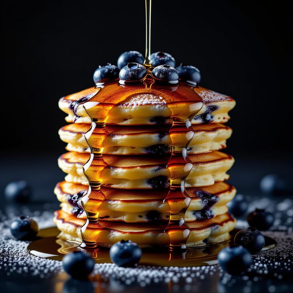 Glowing Blueberry Pancakes in Hyperrealistic Food Photograph...