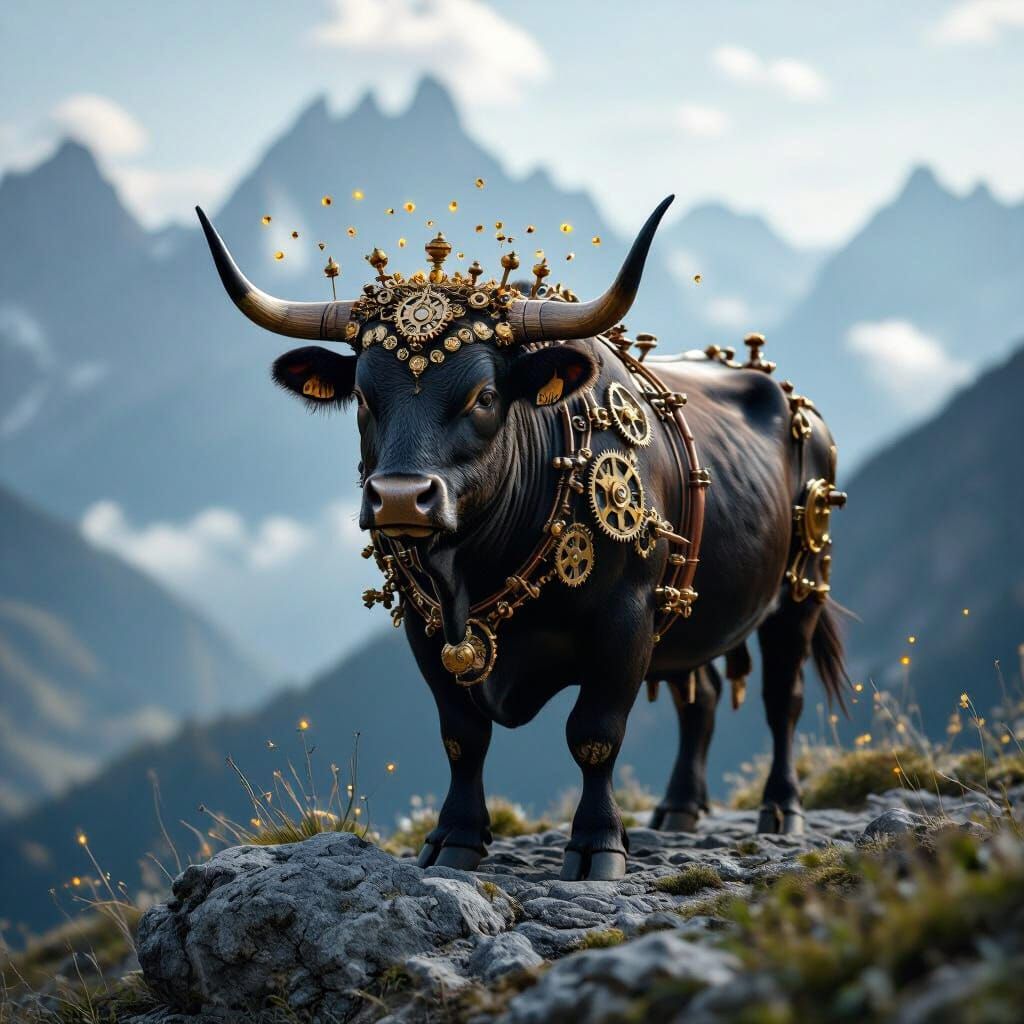 Steampunk Bull on Mountain Overlook with Firefly Crown