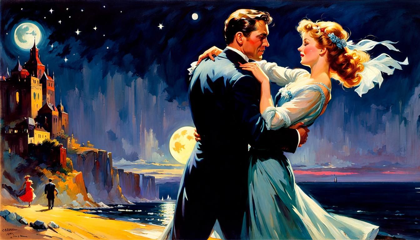 Moonlit Dance: A Vintage Illustration in Art Nouveau Style