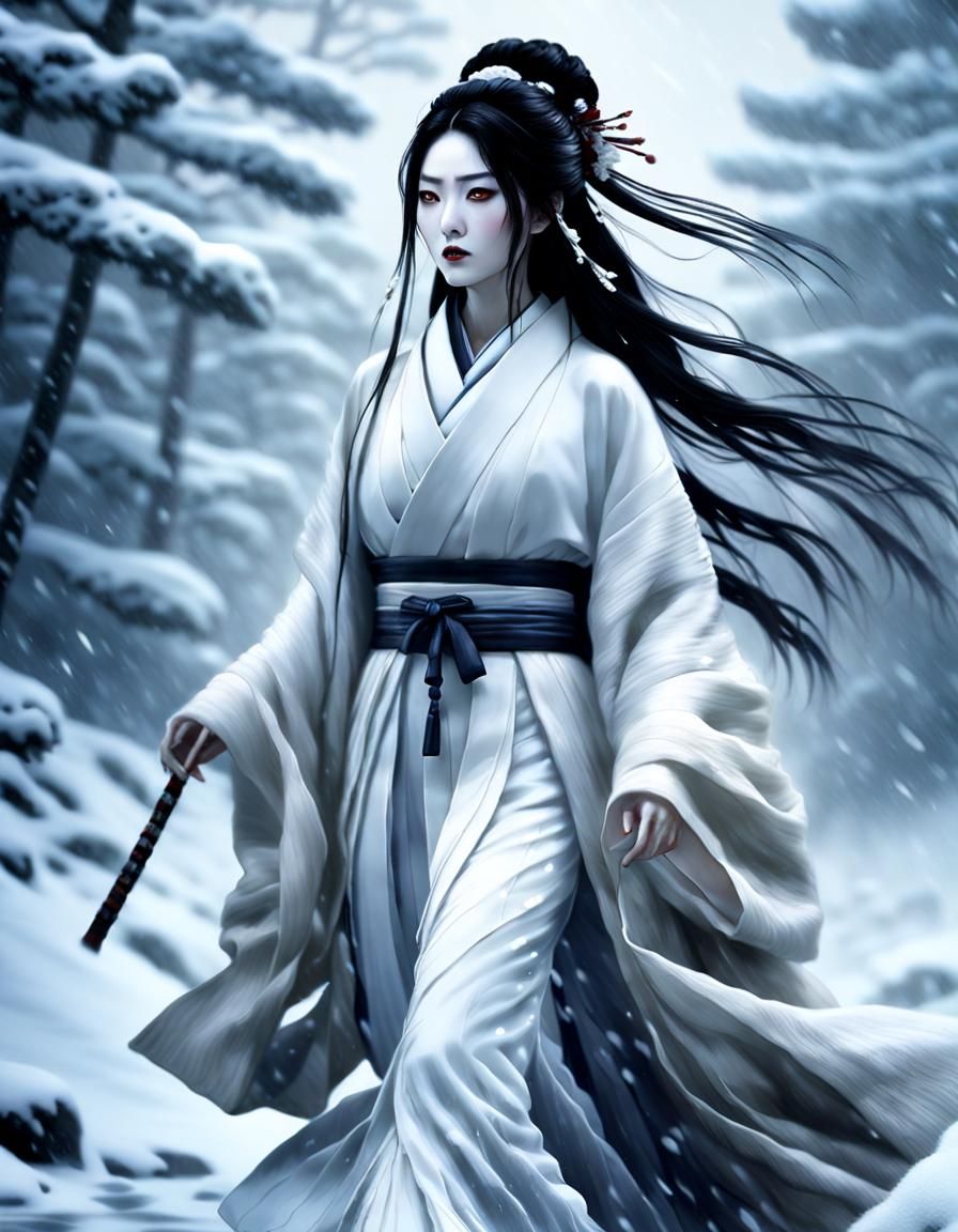 Beautiful Yuki-Onna in Blizzard: Digital Art
