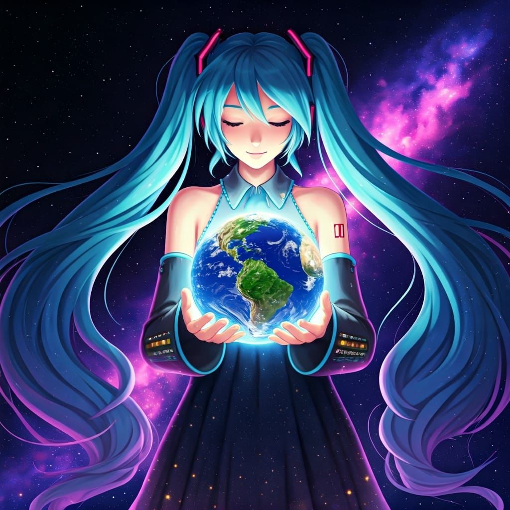 Hatsune Miku Cradles Earth in Cosmic Dreamscape
