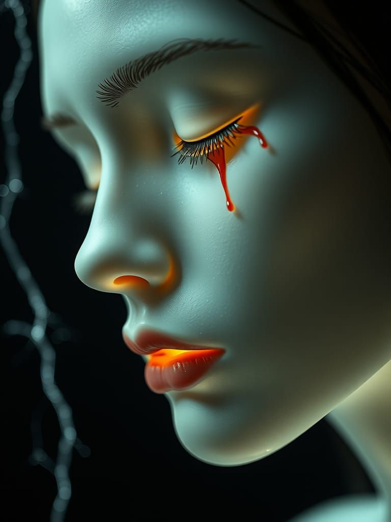 Porcelain Woman with Blood Tears in Hyperrealism