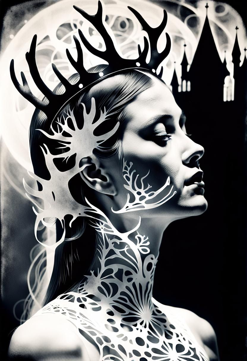 Crowned Gothic Woman with Antlers in Photogram Style