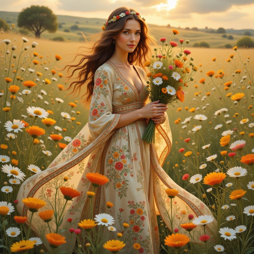 Enchanting Folk Art Nouveau Woman in Whimsical Meadow