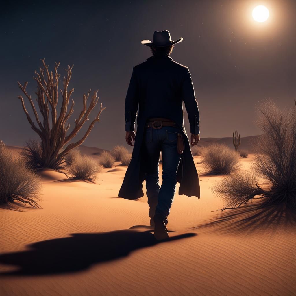 Cowboy in Shadow: Desert Night Fantasy Art