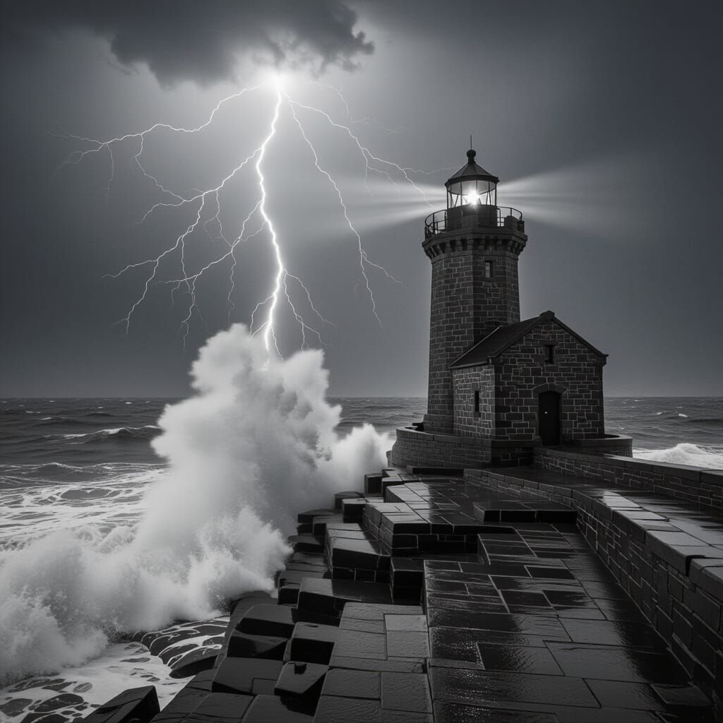 Dramatic Lighthouse Beacon in Storm, Chiaroscuro Photography