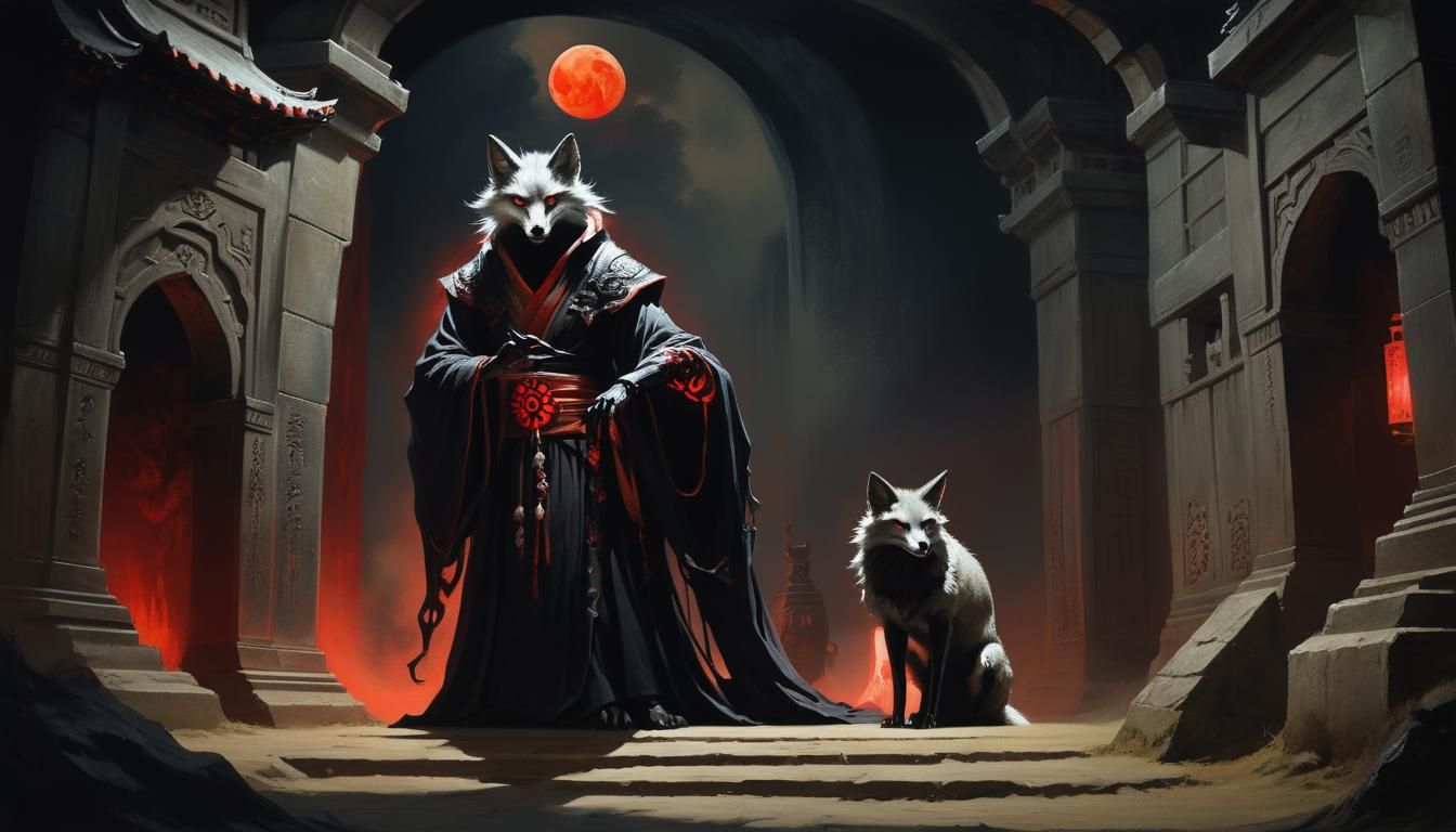 Dark Kitsune Vampire Guarding Ancient Tomb
