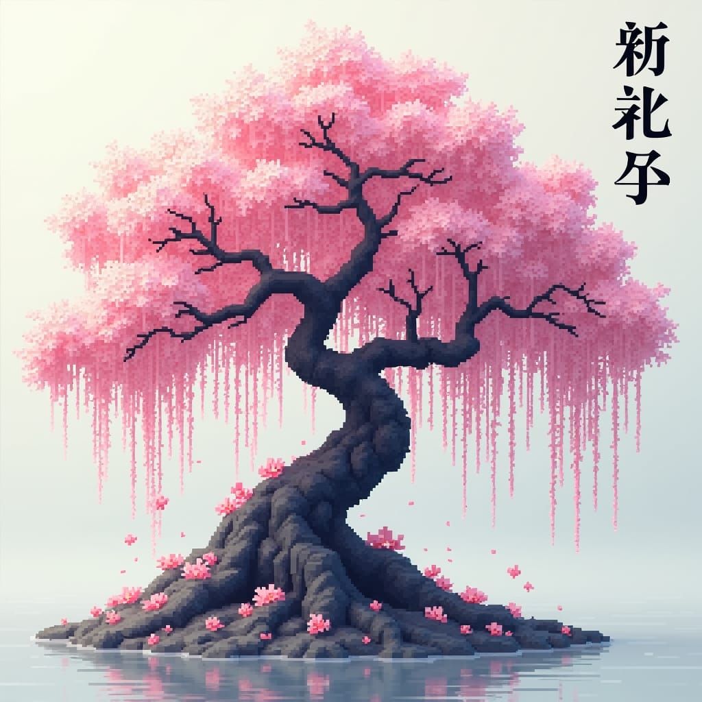 Pixel Art Sakura Tree with Chinese Character