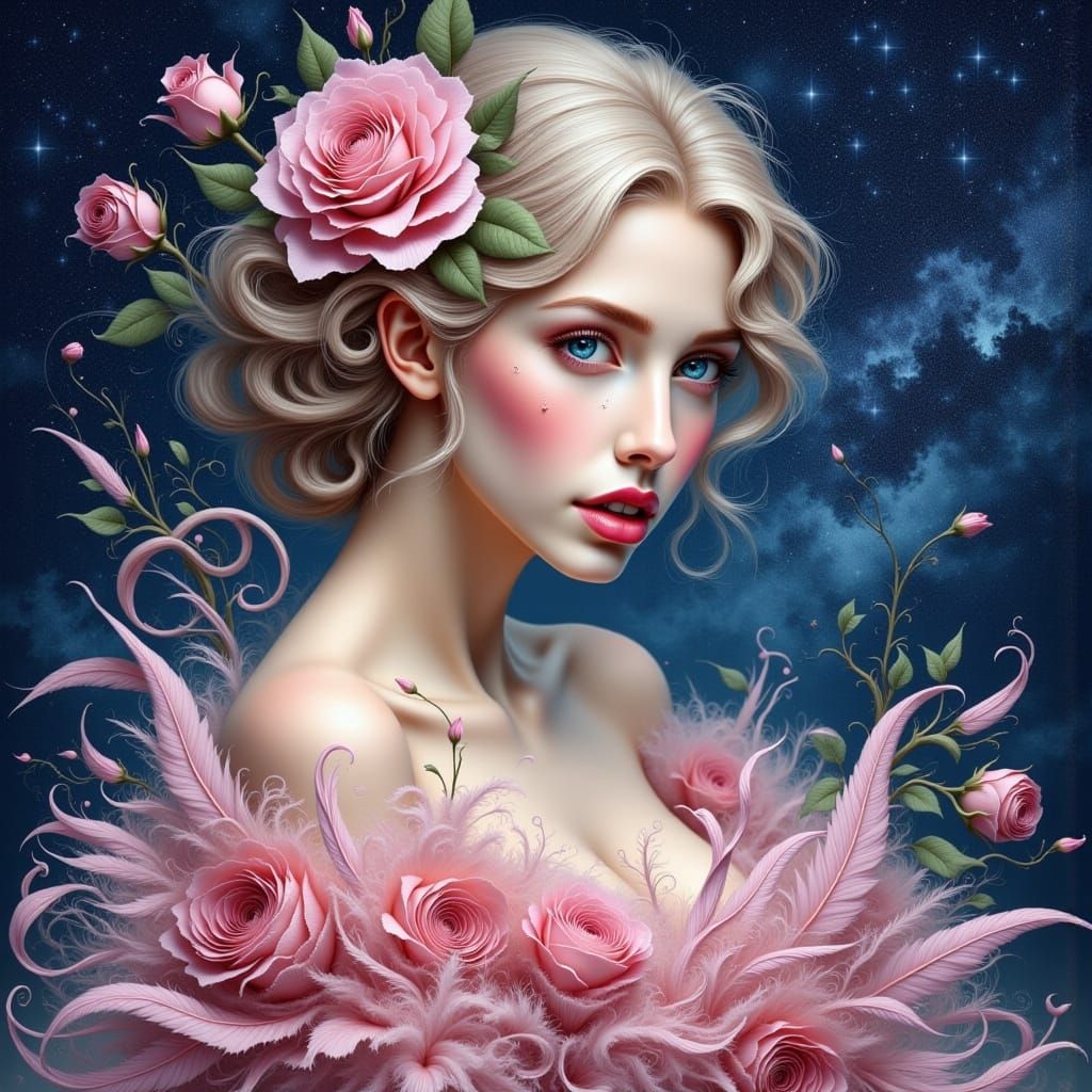 Ethereal Woman with Floral Updo in Cosmic Dreamscape