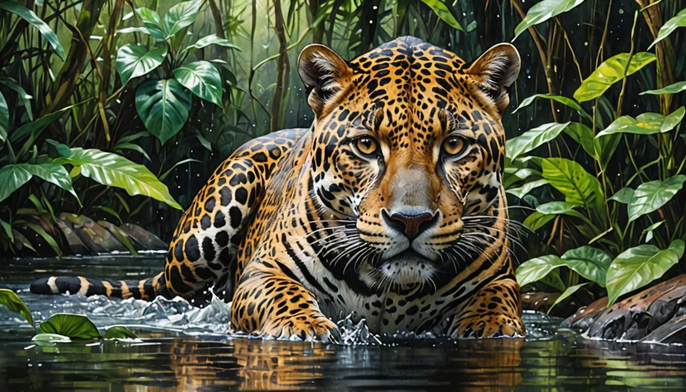 Watercolor Amazonian Jaguar in Rainforest Habitat