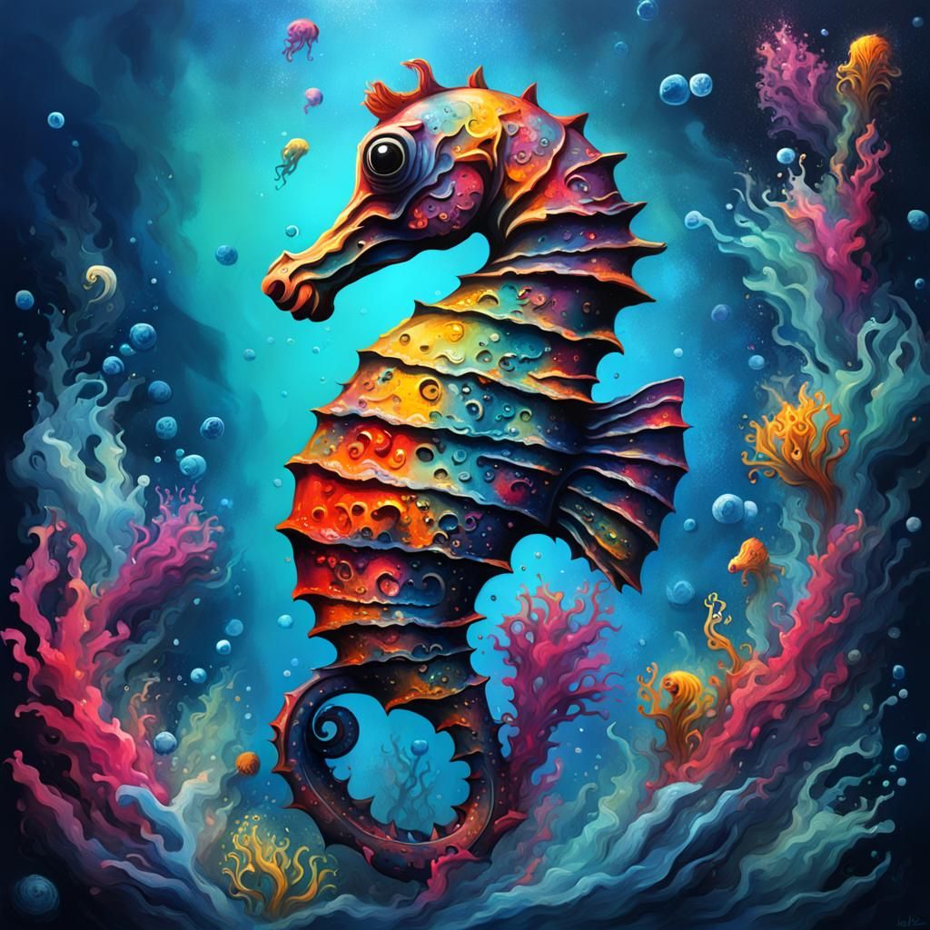 Colorful Seahorse in Deep Ocean Graffiti Art