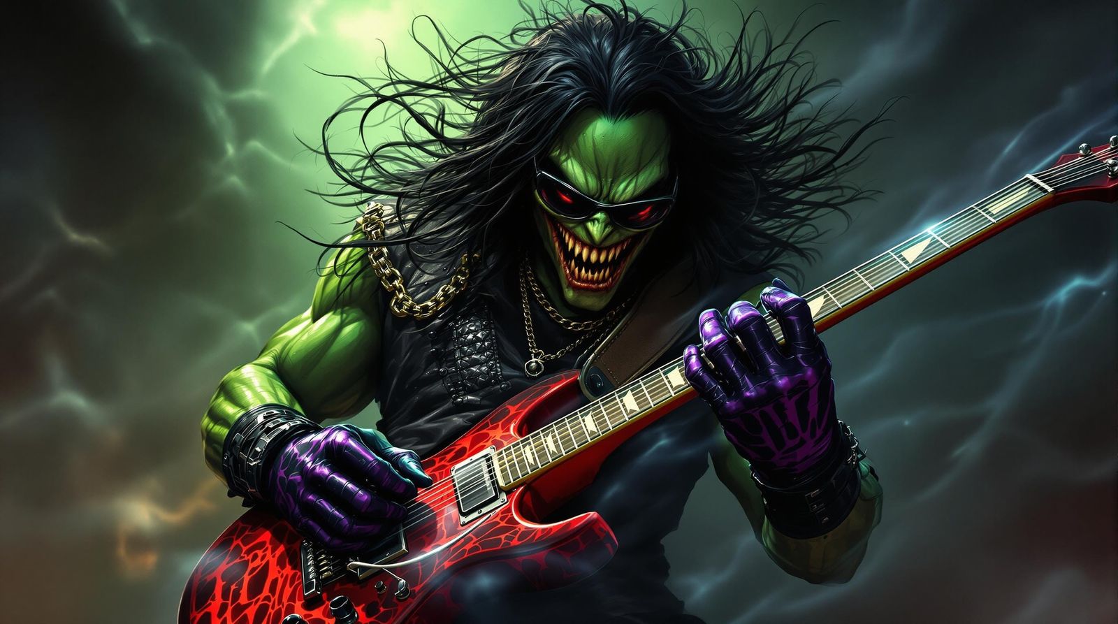 Cyberpunk Green Goblin Shreds Electric Guitar on Smoky Stage