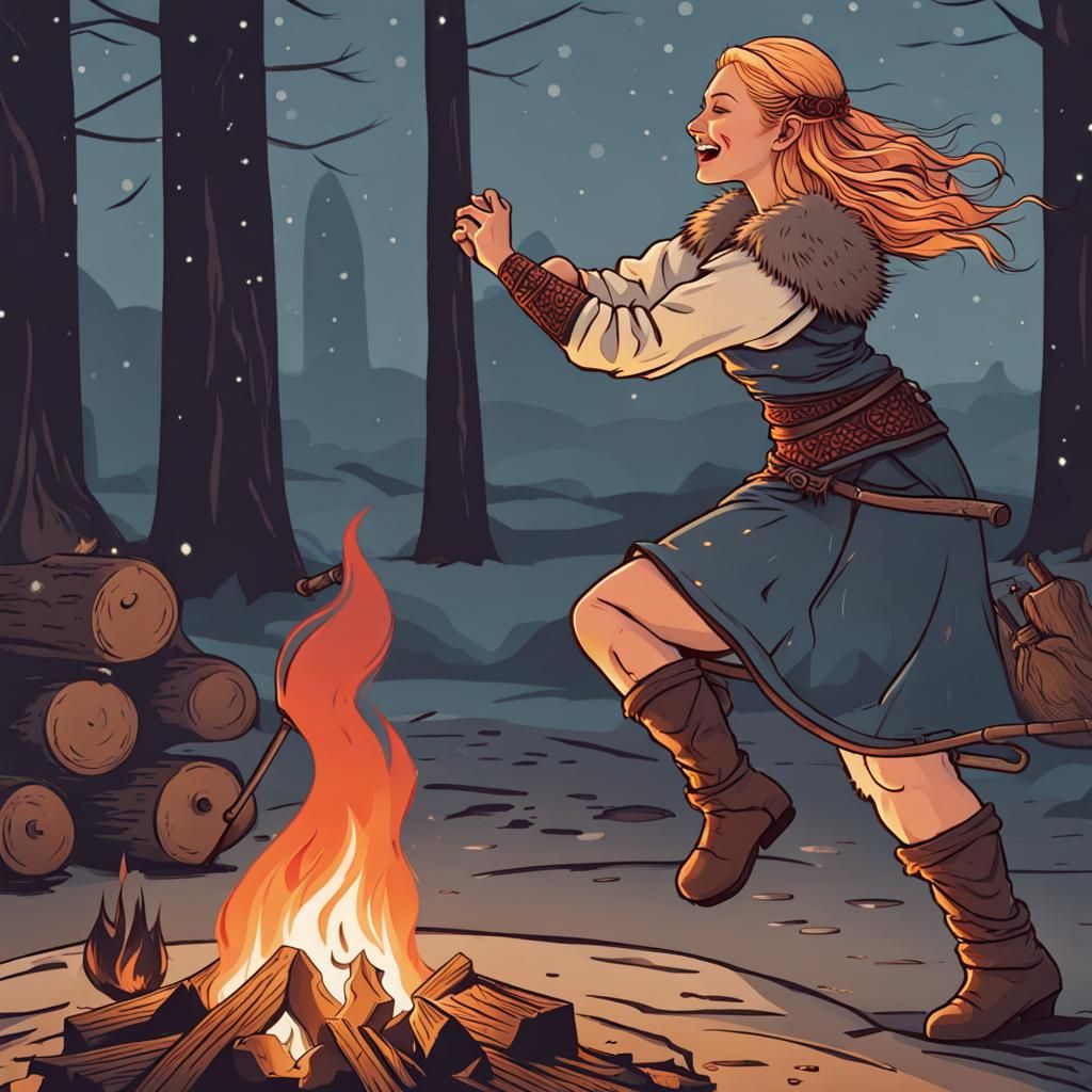 Happy Viking Woman Dancing by Campfire