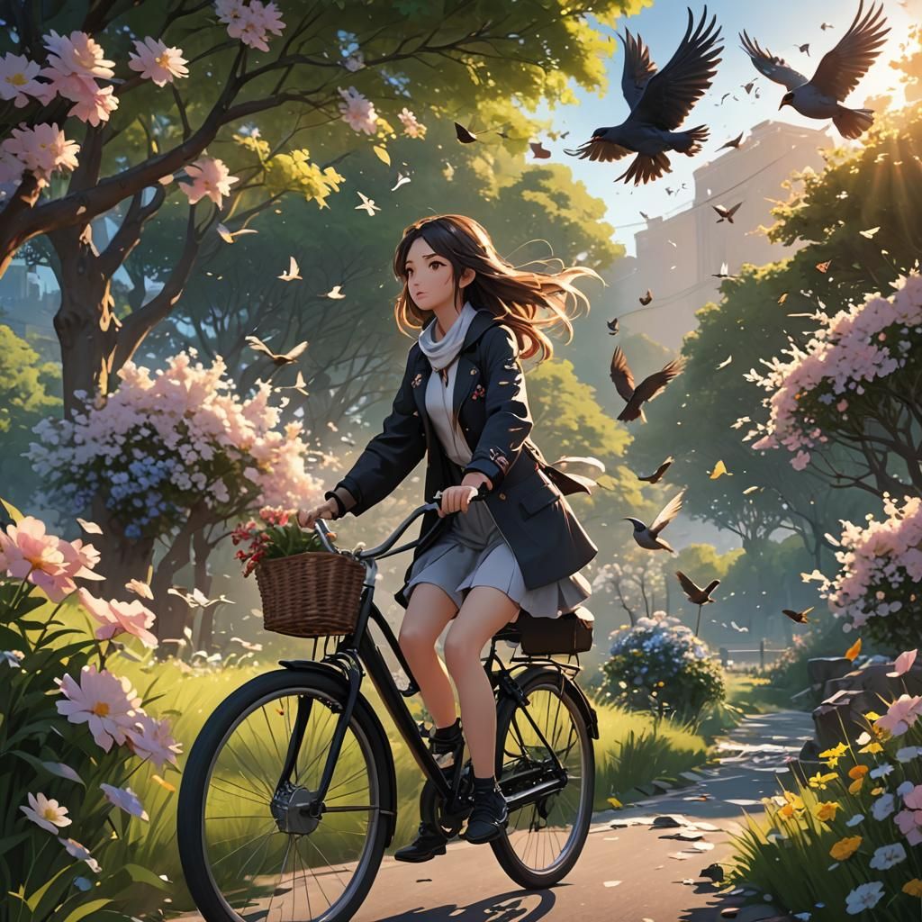 Anime Girl on Bicycle at Sunrise in 3D Art