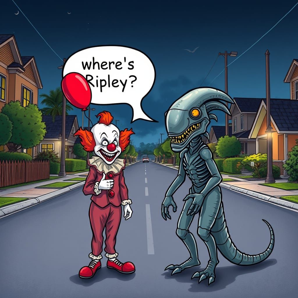 Scary Clown Searches for Ripley in a Dark Suburban Night