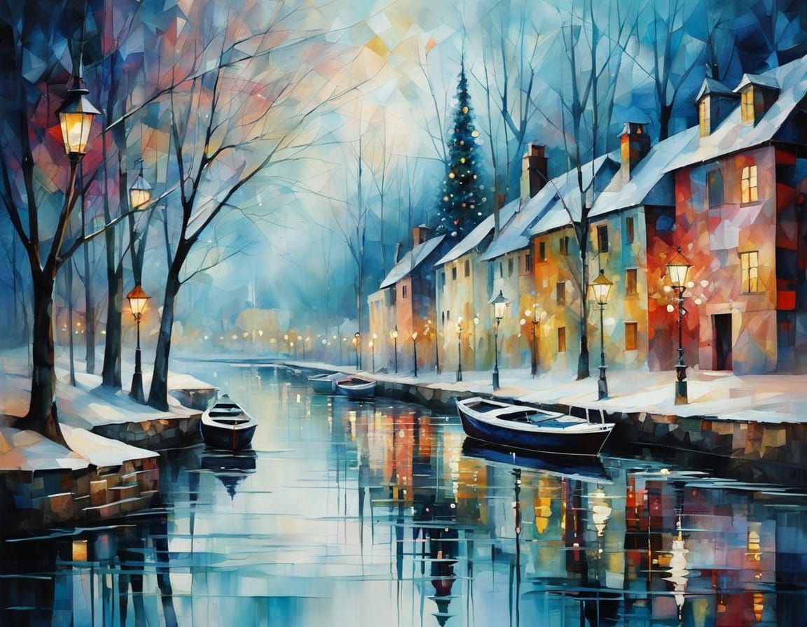 Whimsical Impressionist Christmas Scene on Icy Lake