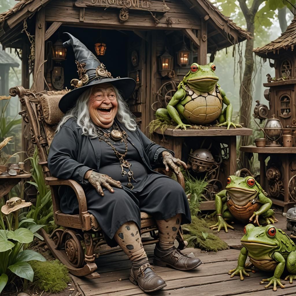 Witch and Cyborg Toad in Biomechanical Swamp
