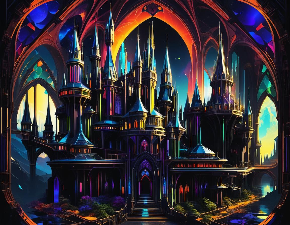 Fractal Retropunk Castle in Spacecore Gothic Style