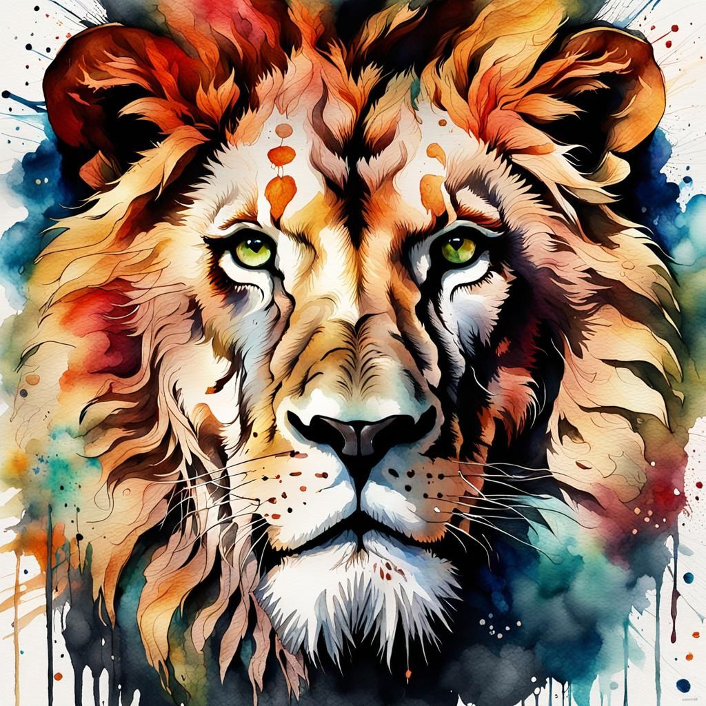 Majestic Lion Head in Watercolor and Ink