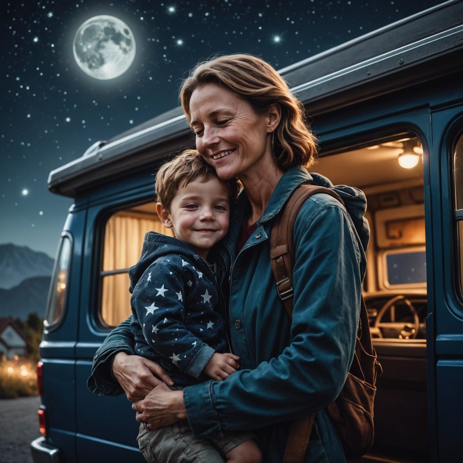 Mother Carries Sleeping Boy Home in Moonlight