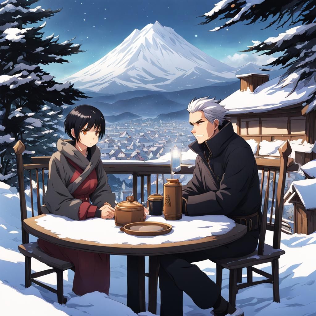 Anime Style: People in Snowy Mountain Cafe